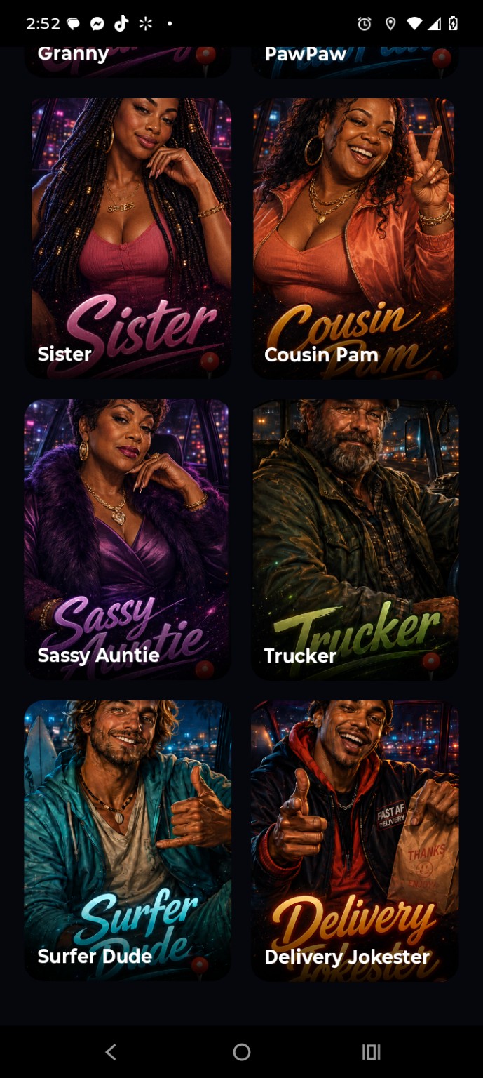 SayLess GPS character selection screen showing Surfer Dude and Delivery Jokester