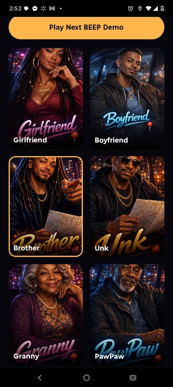 SayLess GPS character selection screen showing Granny and PawPaw