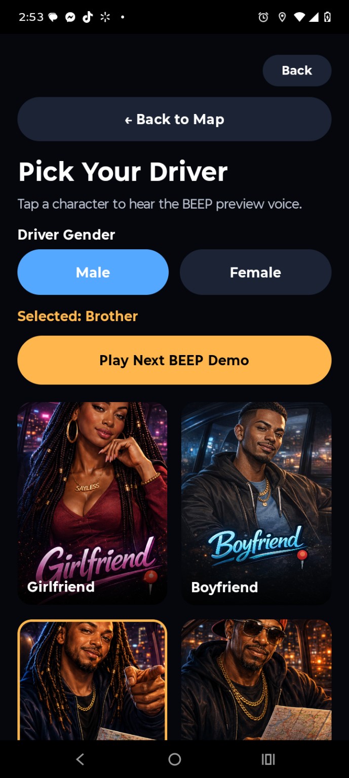 SayLess GPS character selection screen showing driver options and Beep preview