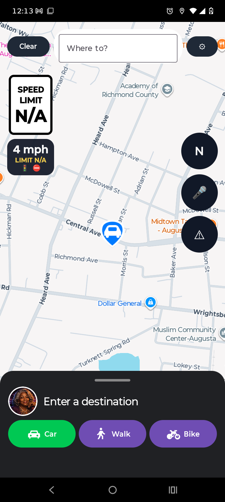 SayLess GPS active navigation screen with driver mode