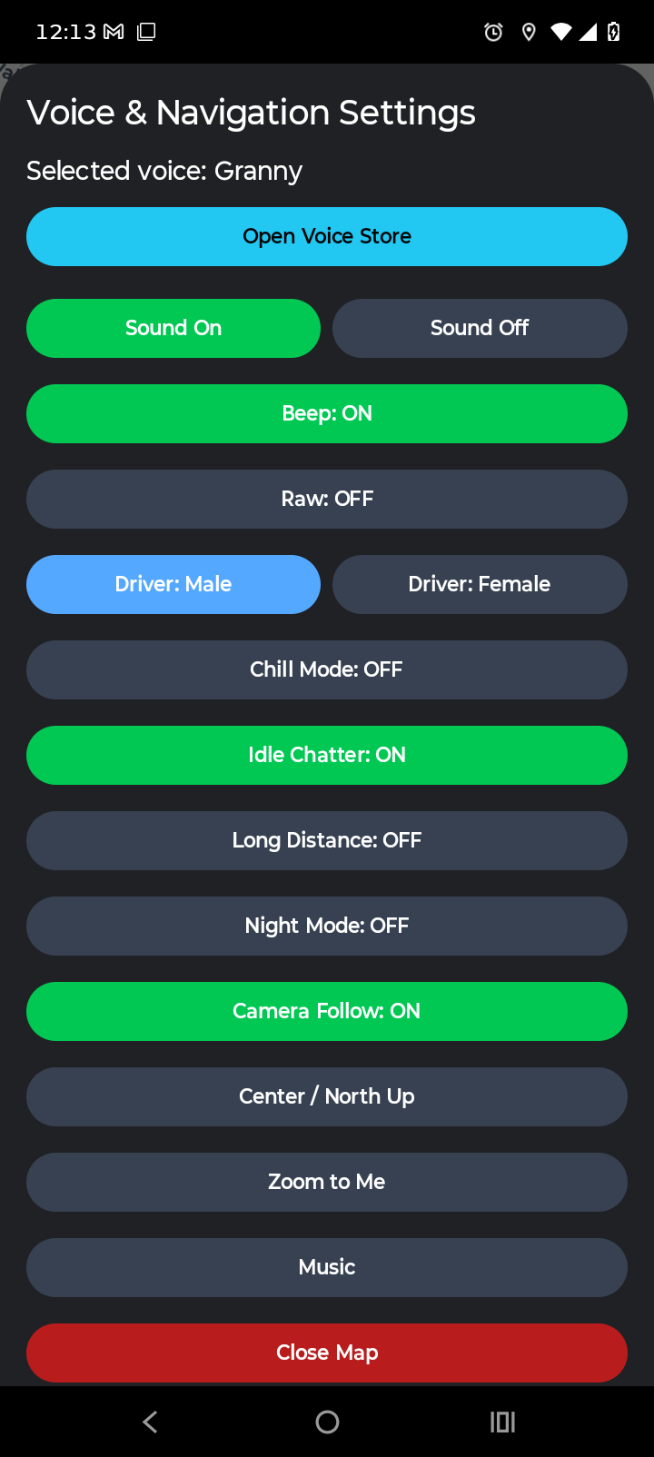 SayLess GPS settings screen showing voice and navigation options
